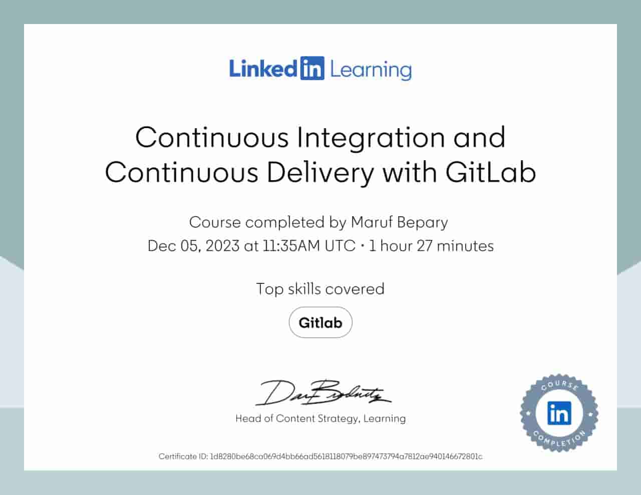 Continuous Integration and Continuous Delivery with GitLab certificate image