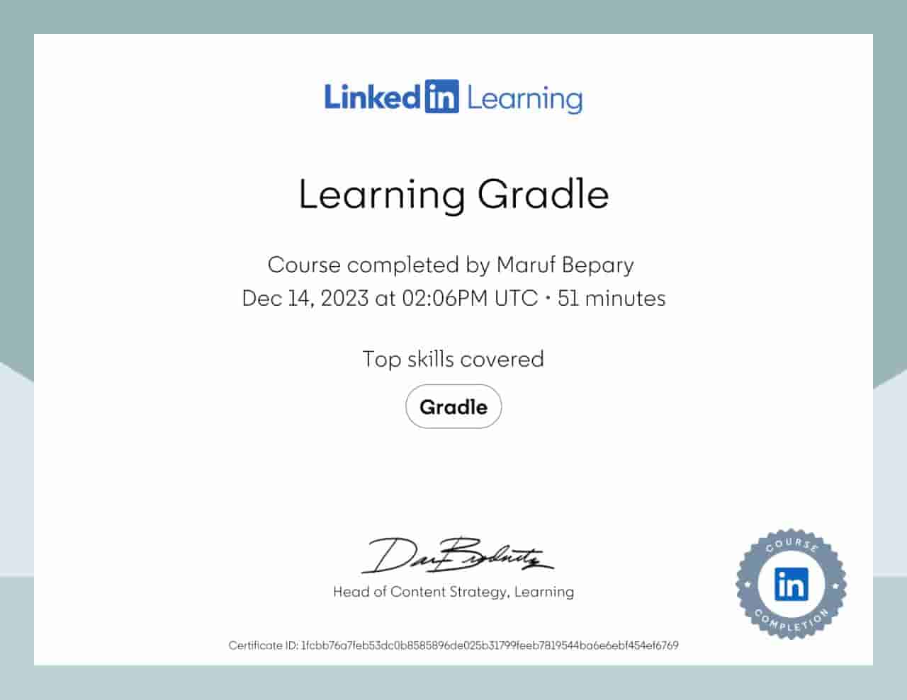 Learning Gradle certificate image