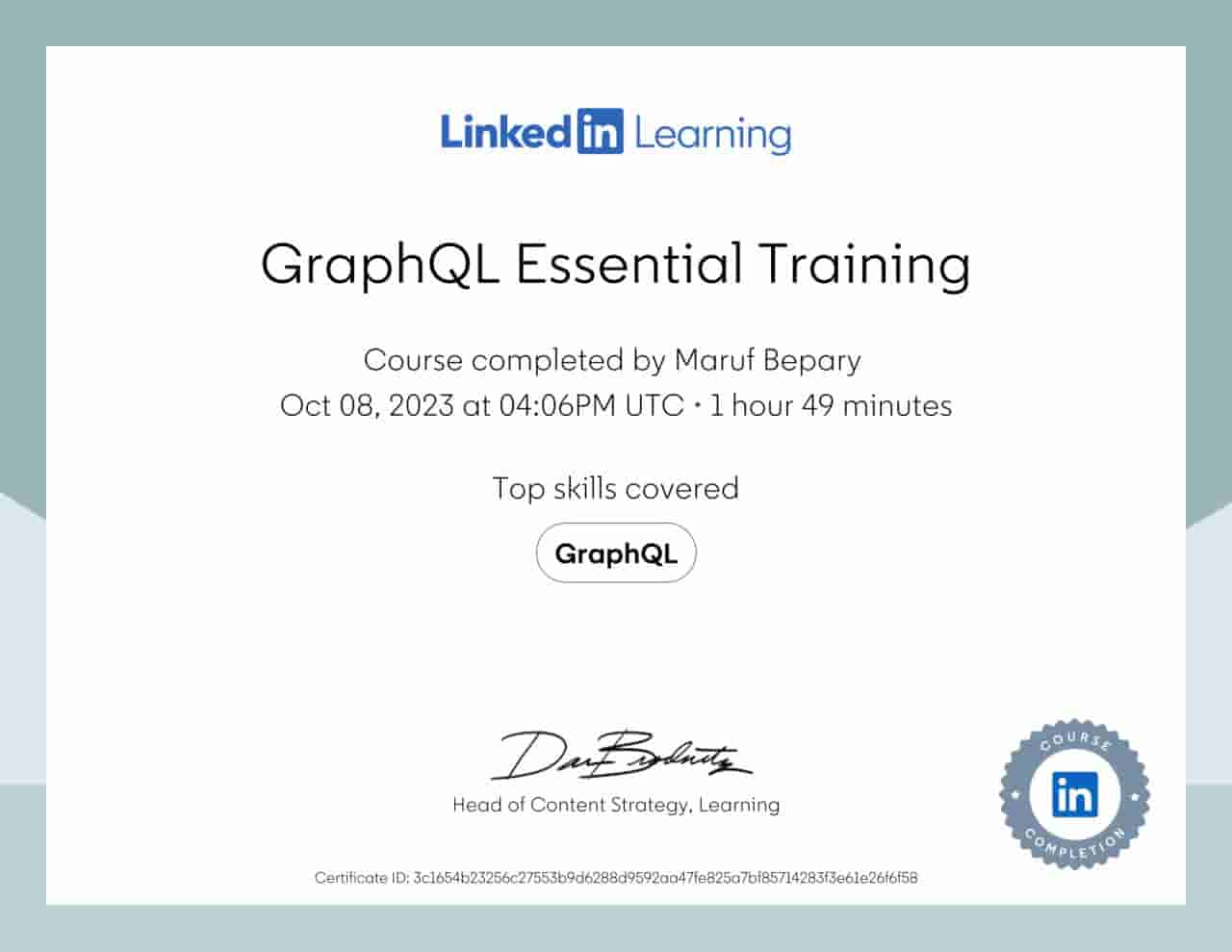 GraphQL Essential Training certificate image