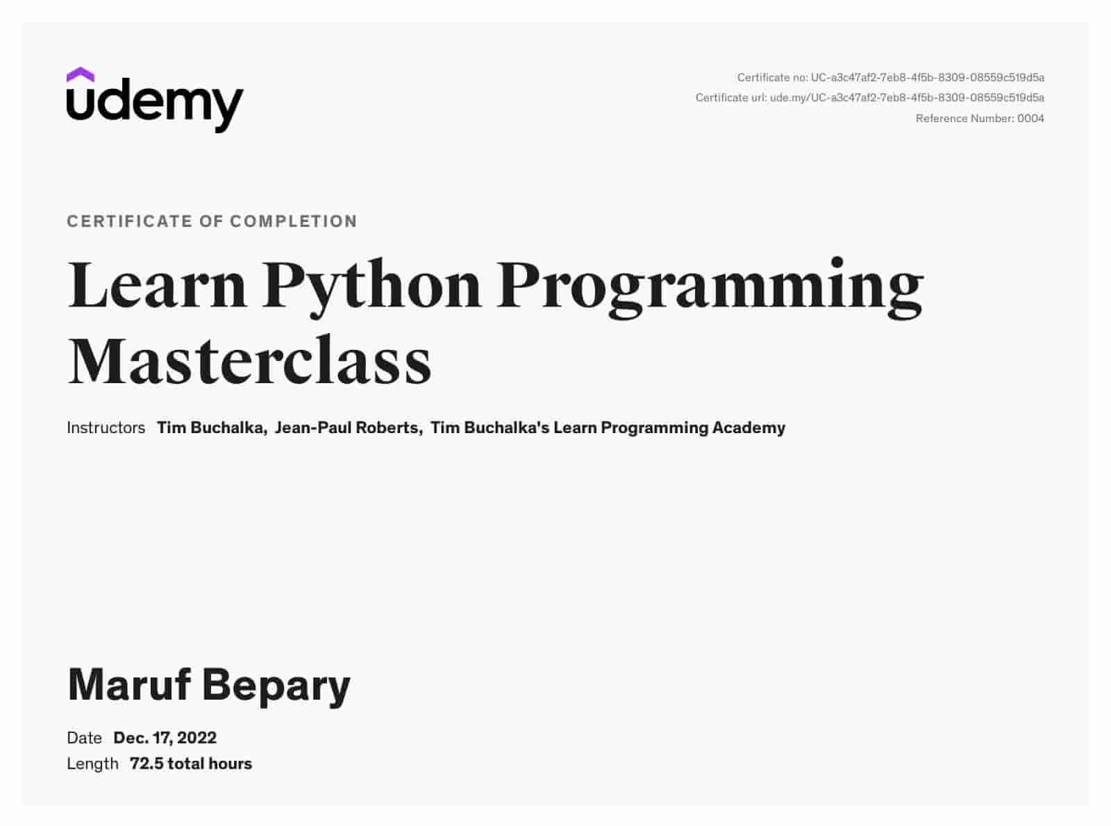 Python Programming Masterclass certificate image