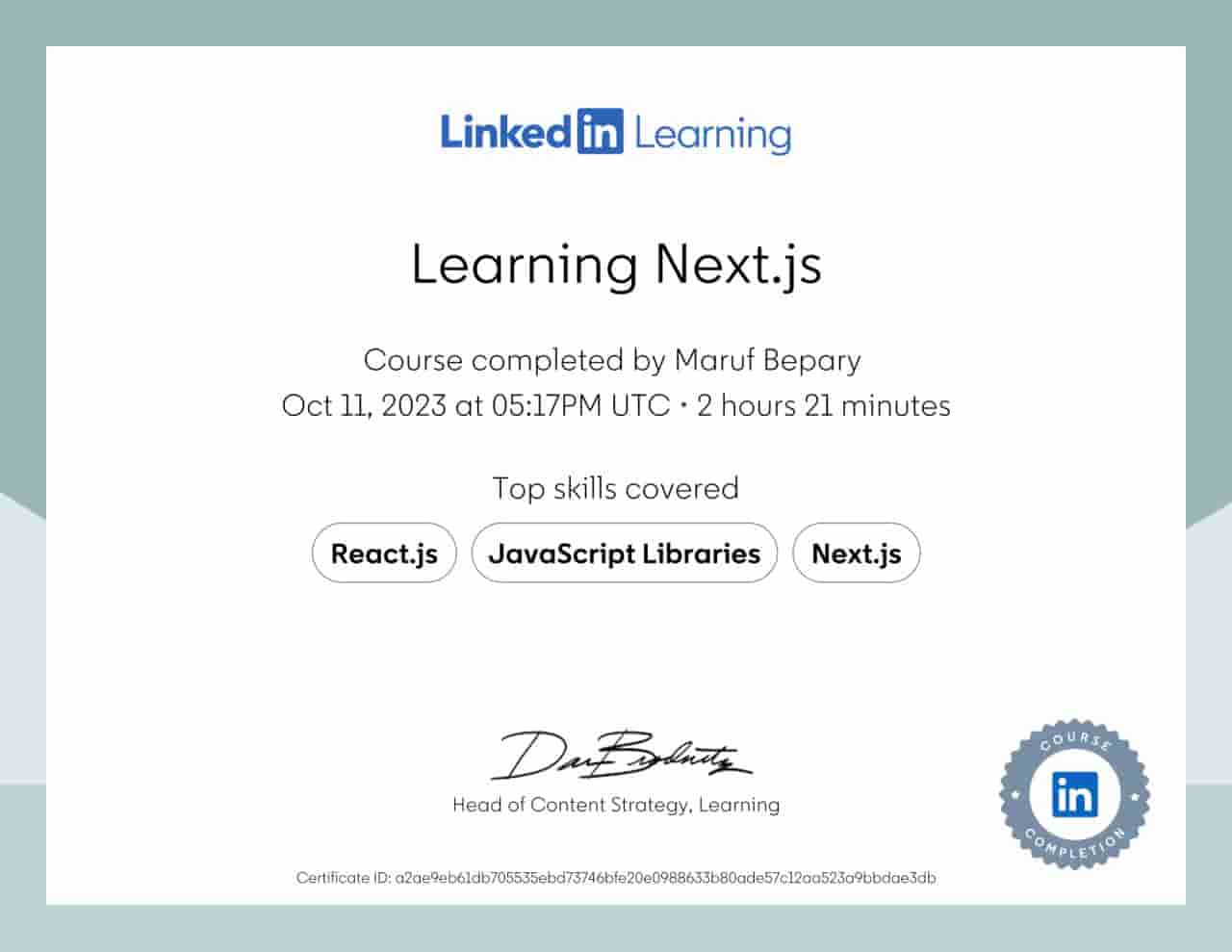 Learning Next.js certificate image