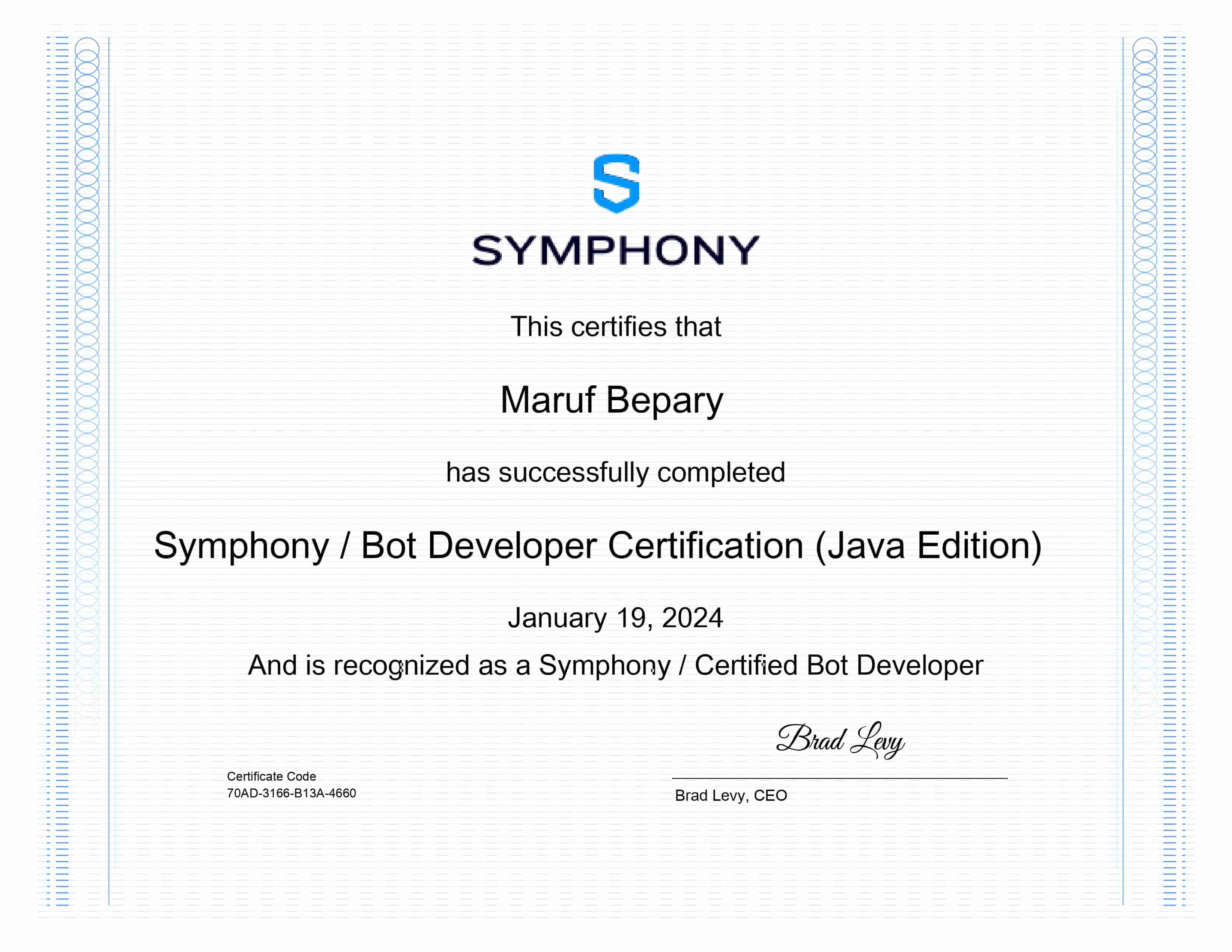 Symphony Certified Bot Developer (Java) certificate image