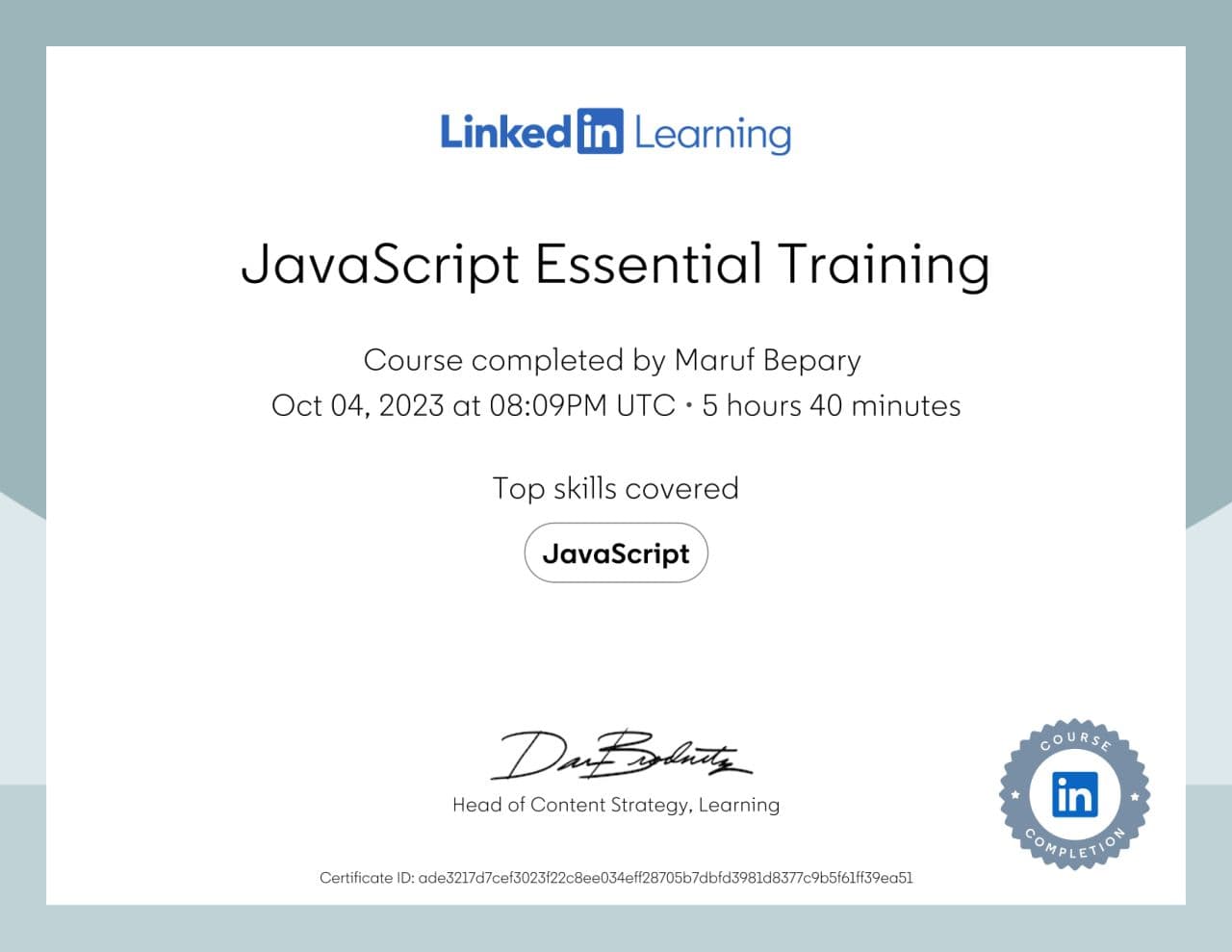 JavaScript Essential Training certificate image